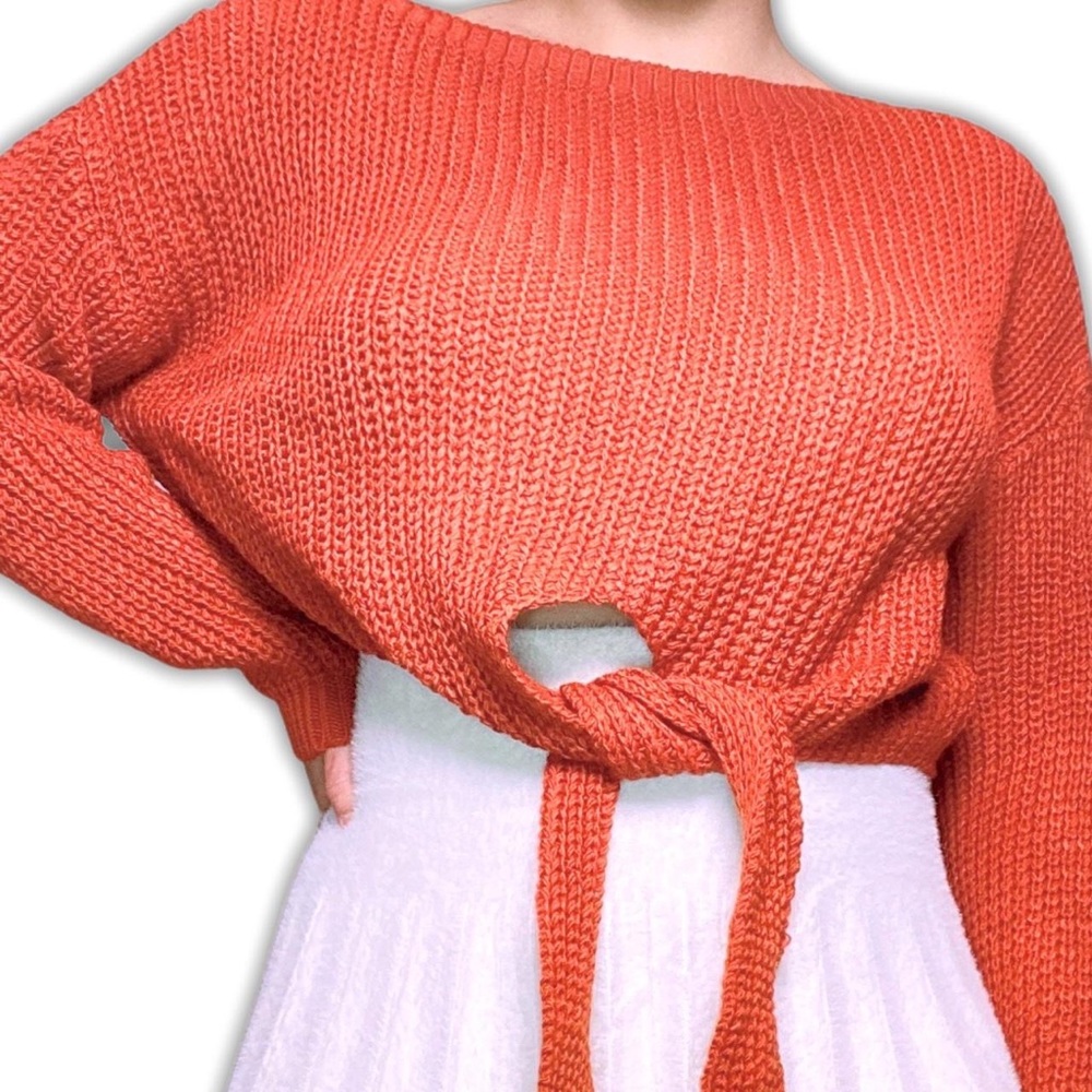 RUST BURNT ORANGE TIE FRONT CROPPED SWEATER